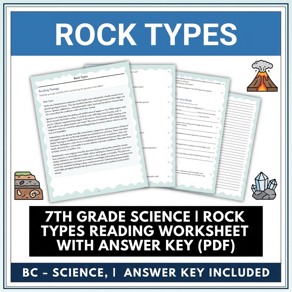 Grade 7 Science reading worksheets — 7th Grade Science | Rock Types Reading Worksheet with Answer Key (PDF)
