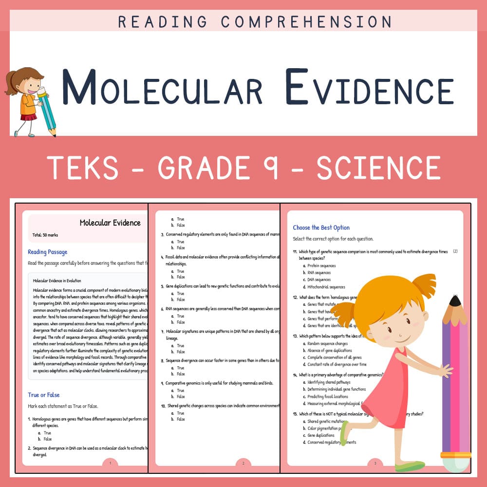 Grade 9 Science worksheet elena worksheet — Grade 9 Science | Molecular Evidence Worksheet | TEKS Aligned — page 1