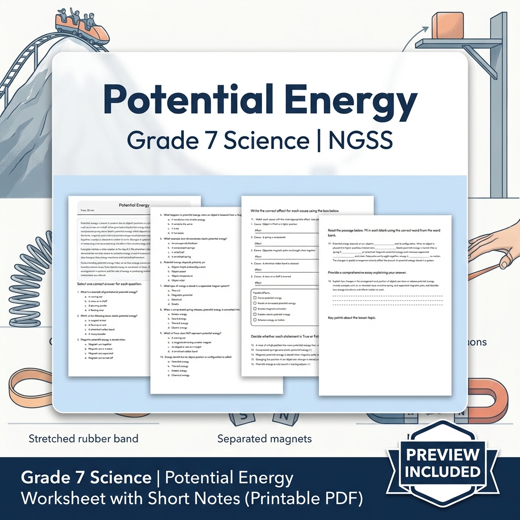 Grade 7 Science Energy  Bundle  Potential, Kinetic & Heat Transfer Worksheets  — included worksheet 4