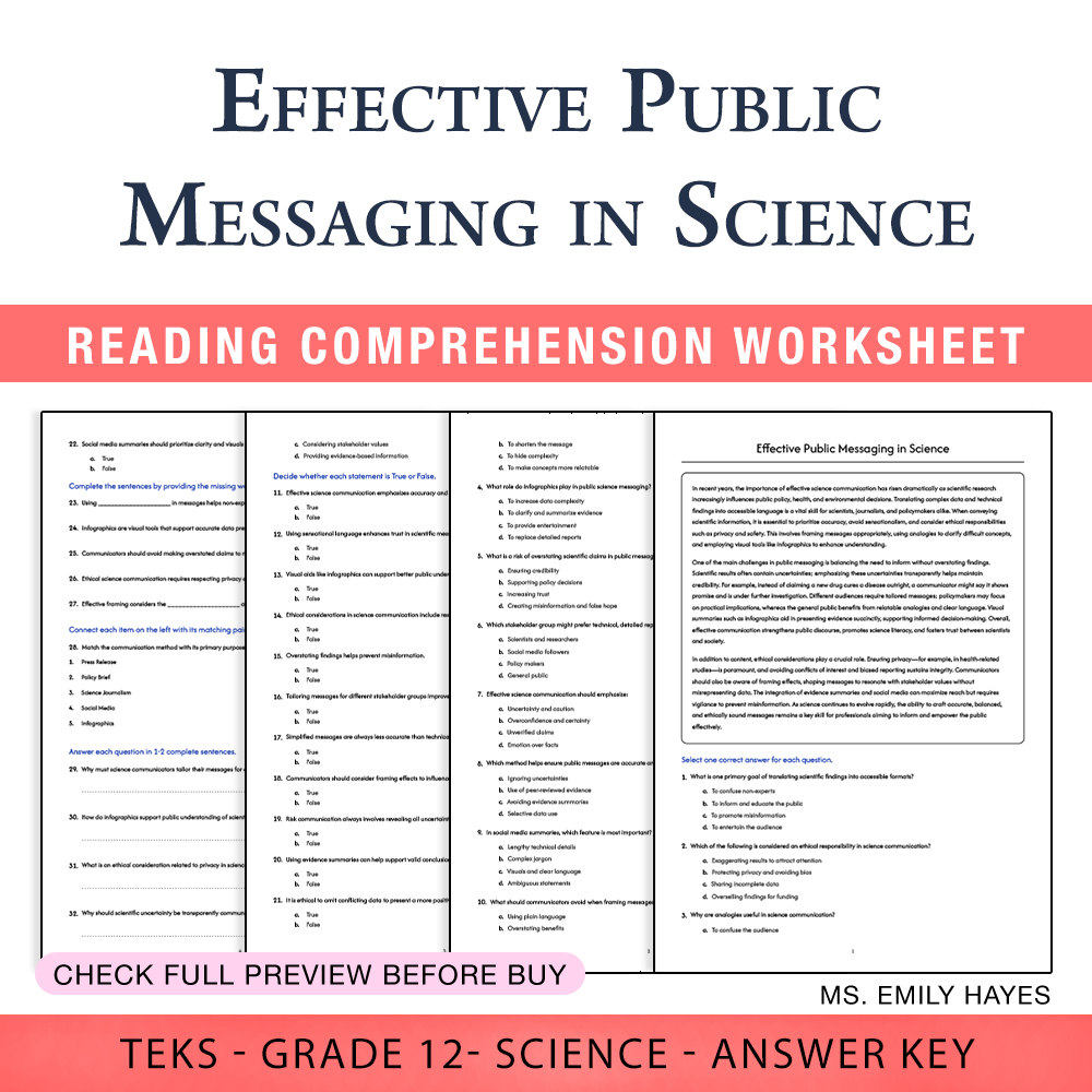 Grade 12 Science worksheet worksheet — Grade 12 Science | Effective Public Messaging Worksheet (PDF+ Answer Key) — page 1