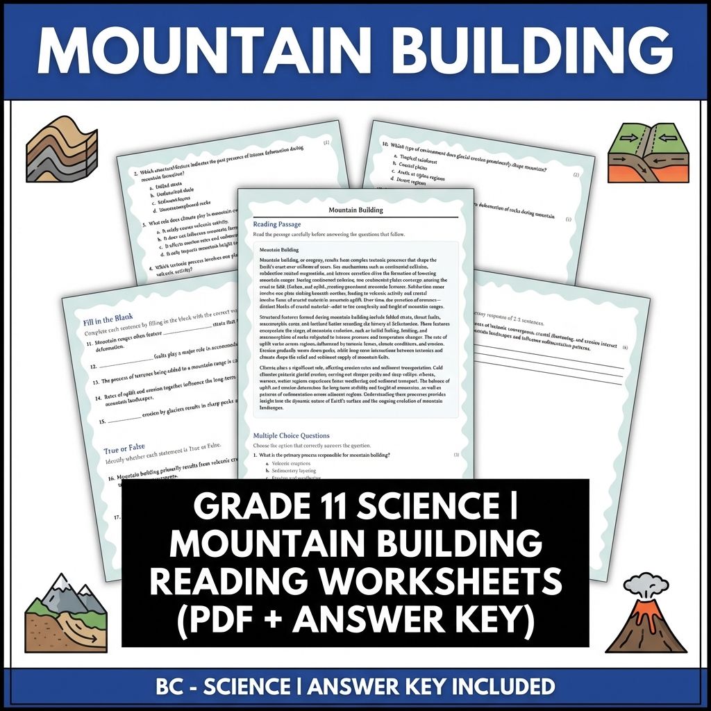 Grade 11 Science | Mountain Building Reading Worksheets (PDF + Answer Key)