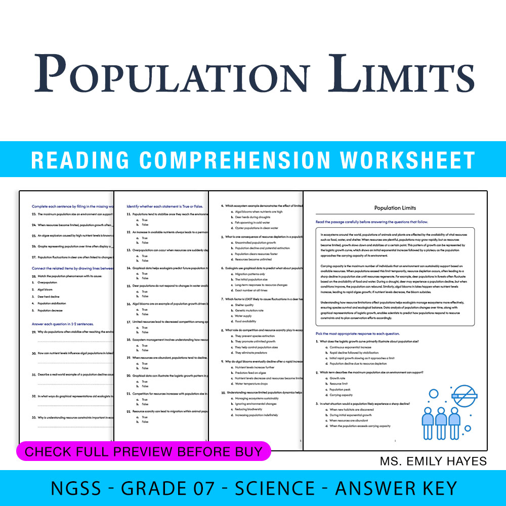 Grade 7 Science worksheet worksheet — 7th Grade Science | Population Limits Worksheet (PDF +Answer Key) — page 1