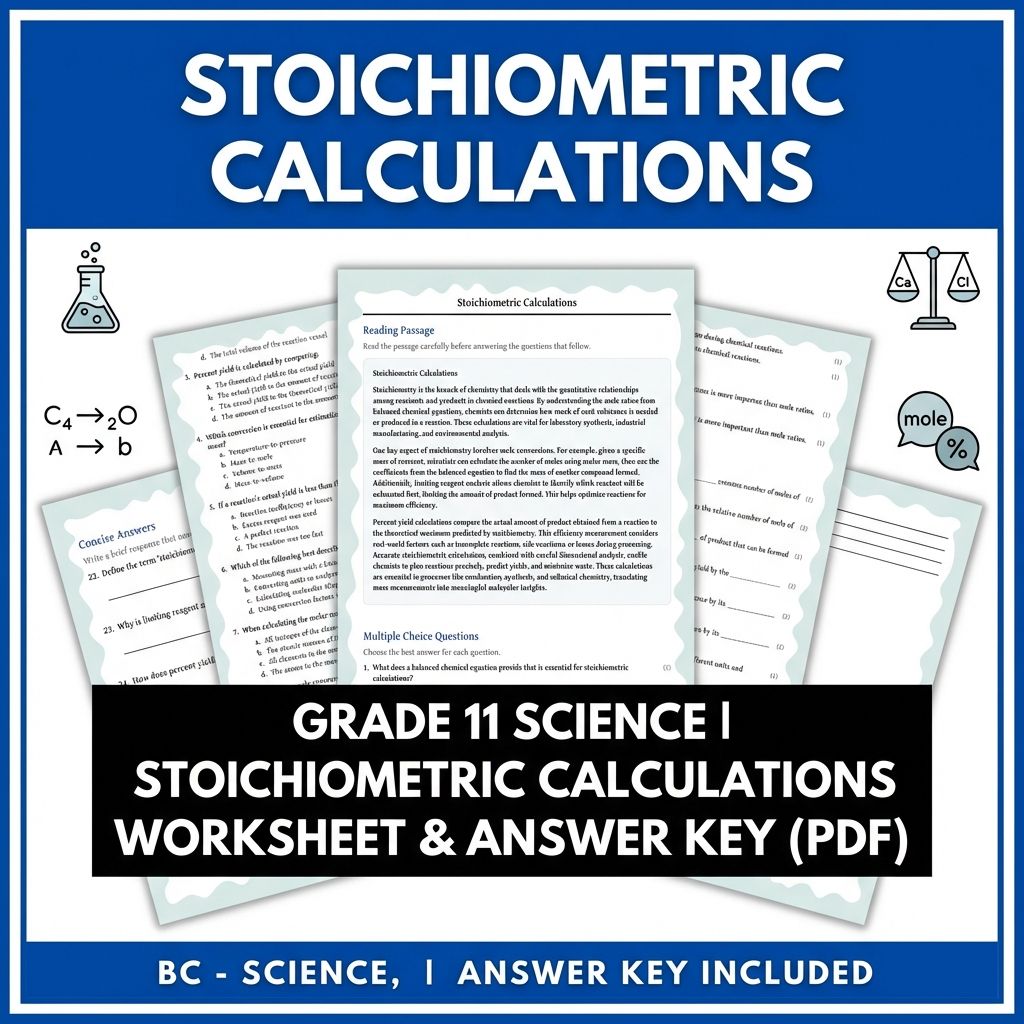 Grade 11 Science | Stoichiometric Calculations Worksheet & Answer Key (PDF)