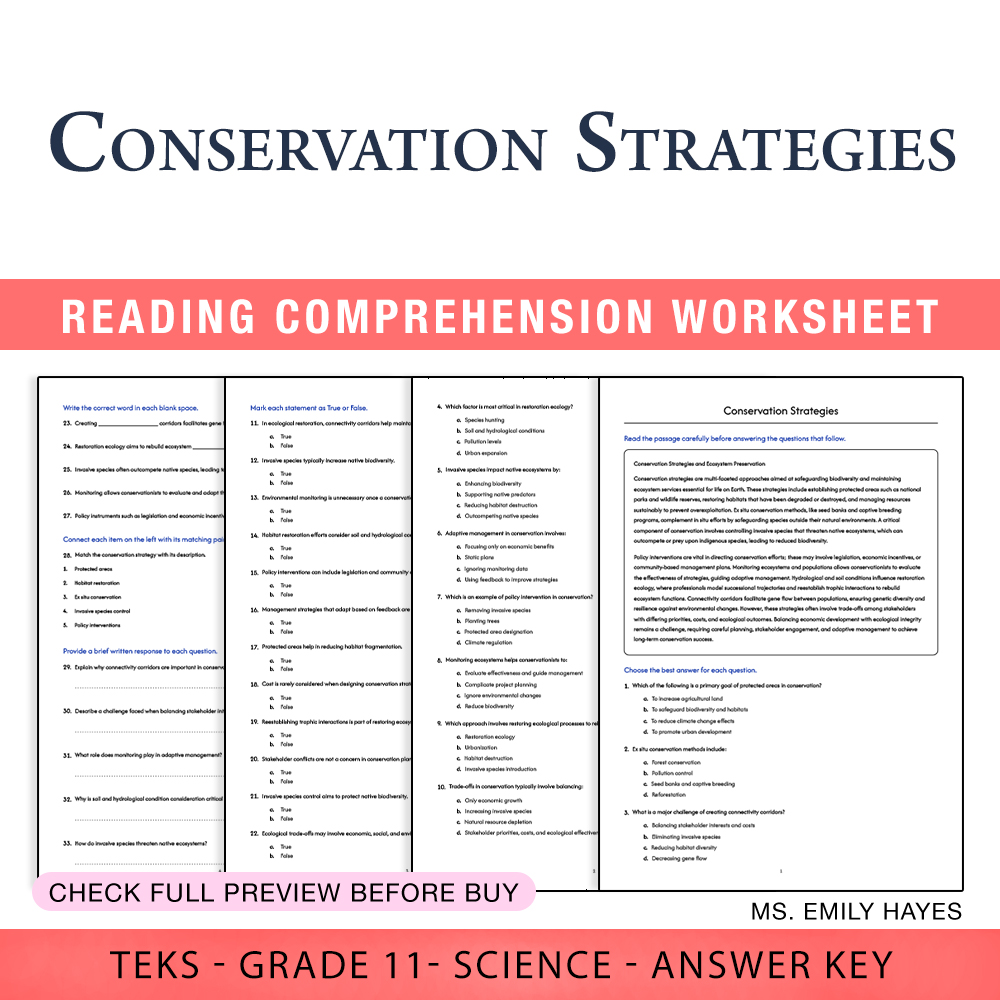 Grade 11 Science worksheet worksheet — Grade 11 Science | Conservation Strategies Worksheet (PDF+ Answer Key) — page 1
