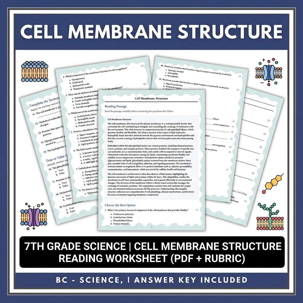 7th Grade Science | Cell Membrane Structure Reading Worksheet (PDF + Rubric)