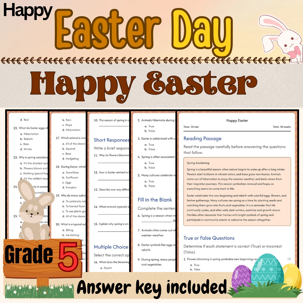 Grade 5 Seasonal Bundle | Easter Symbols & Traditions Worksheets(PDF+Answer Key) — included worksheet 4