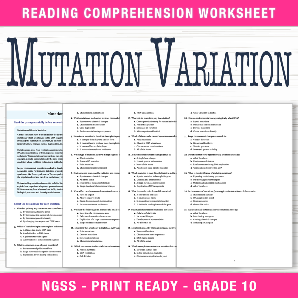 Grade 10 Science worksheet worksheet — Grade 10 Science | Mutation Variation Worksheet (PDF + Answer Key) — page 1