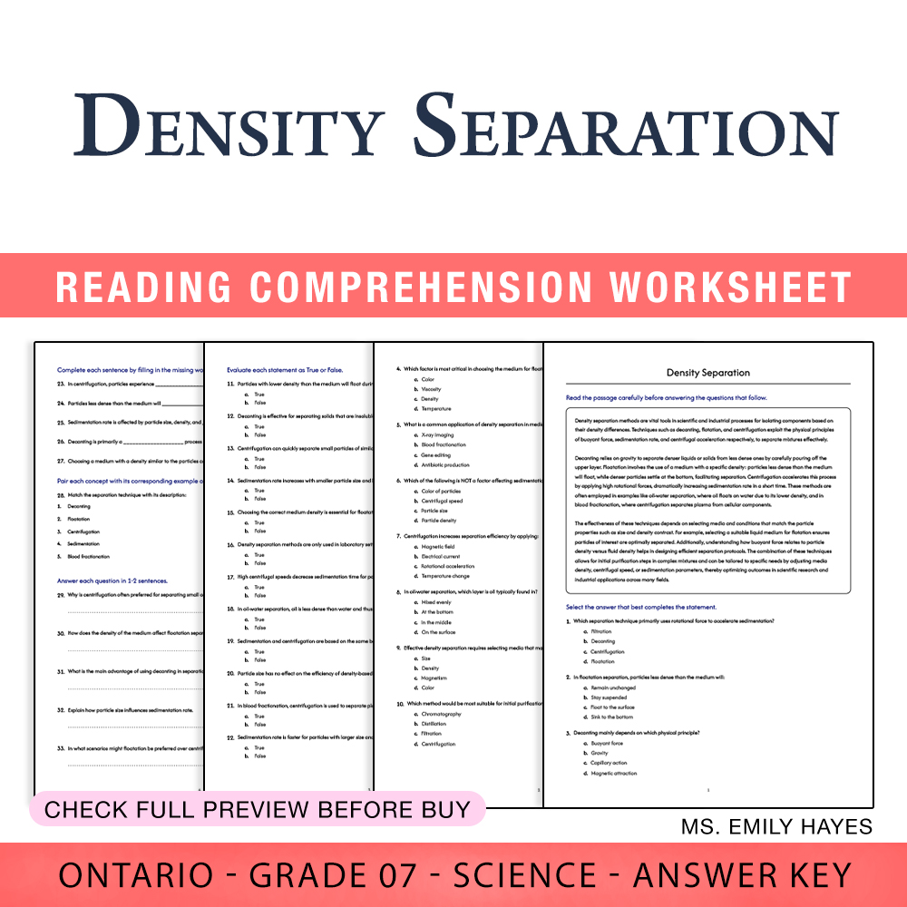 Grade 7 Science worksheet worksheet — 7th Grade Science | Density Separation Worksheet (PDF+ Answer Key) — page 1
