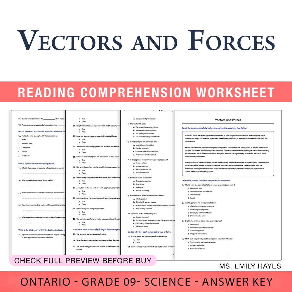 Grade 9 Science worksheet worksheet — 9th Grade Science | Vectors and Forces Worksheet (PDF + Answer Key) — page 1