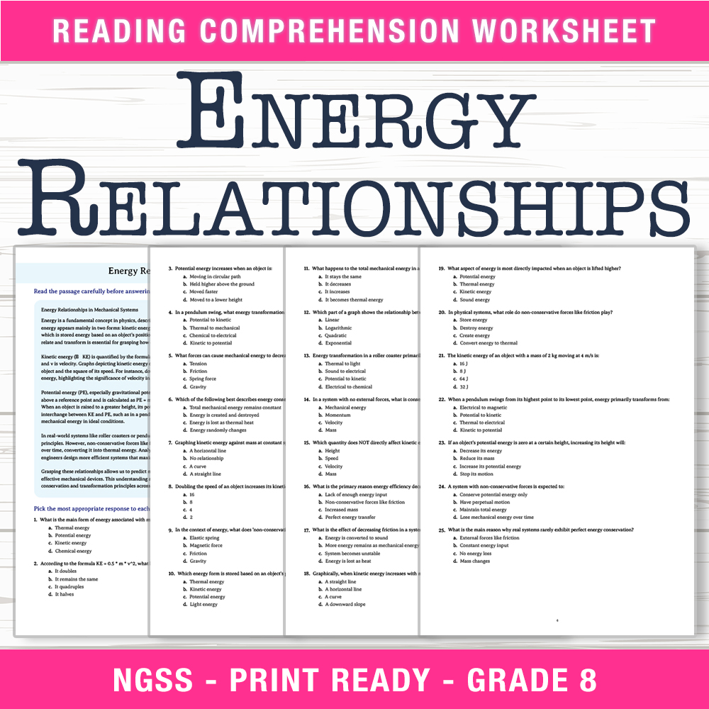 Grade 8 Science worksheet worksheet — Grade 8 Science – Energy Relationships Worksheet (PDF + Answer Key) — page 1