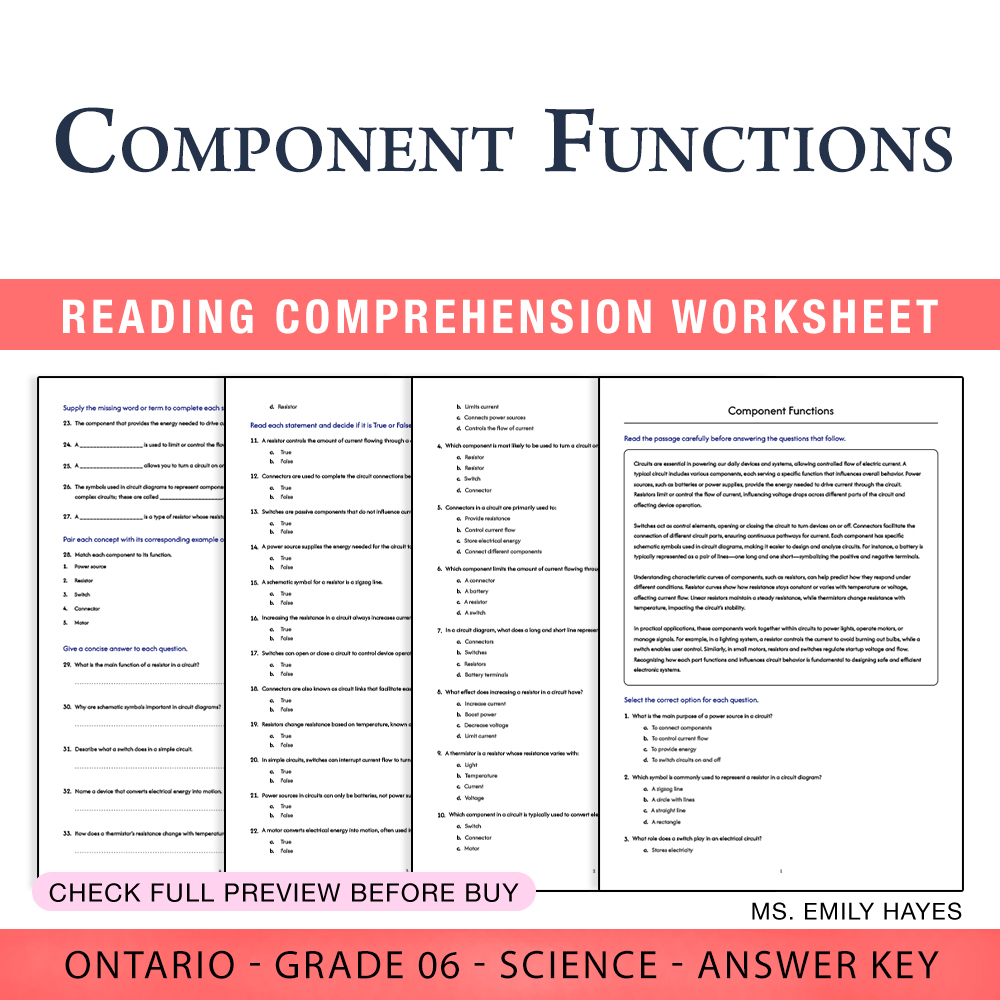 Grade 6 Science worksheet worksheet — 6th Grade Science | Component Functions Worksheet (PDF + Answer Key) — page 1