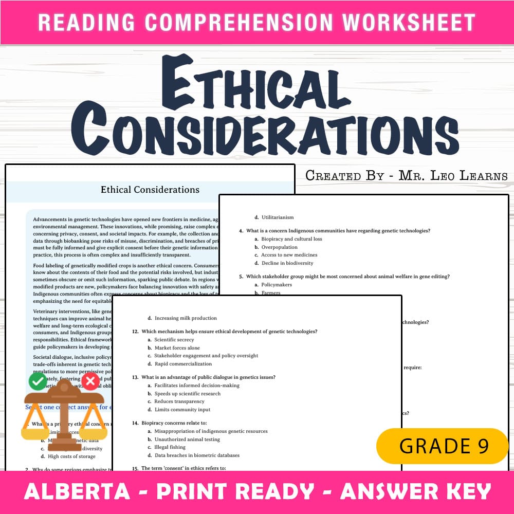 Grade 9 Science worksheet mcq paper worksheet — Grade 9 Science — Worksheet MCQ Paper for Ethical Considerations — page 1