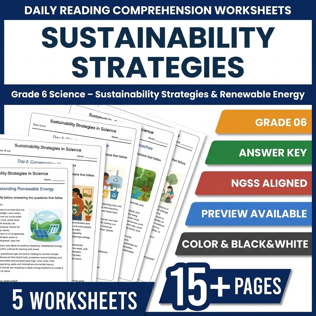 Grade 6 Science daily reading worksheet — Grade 6 Science – Sustainability Strategies & Renewable Energy | Daily Reading
