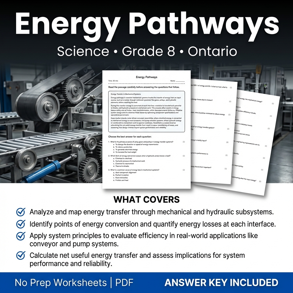 Energy Pathways Worksheet for Grade 8 Science – Ontario Standards