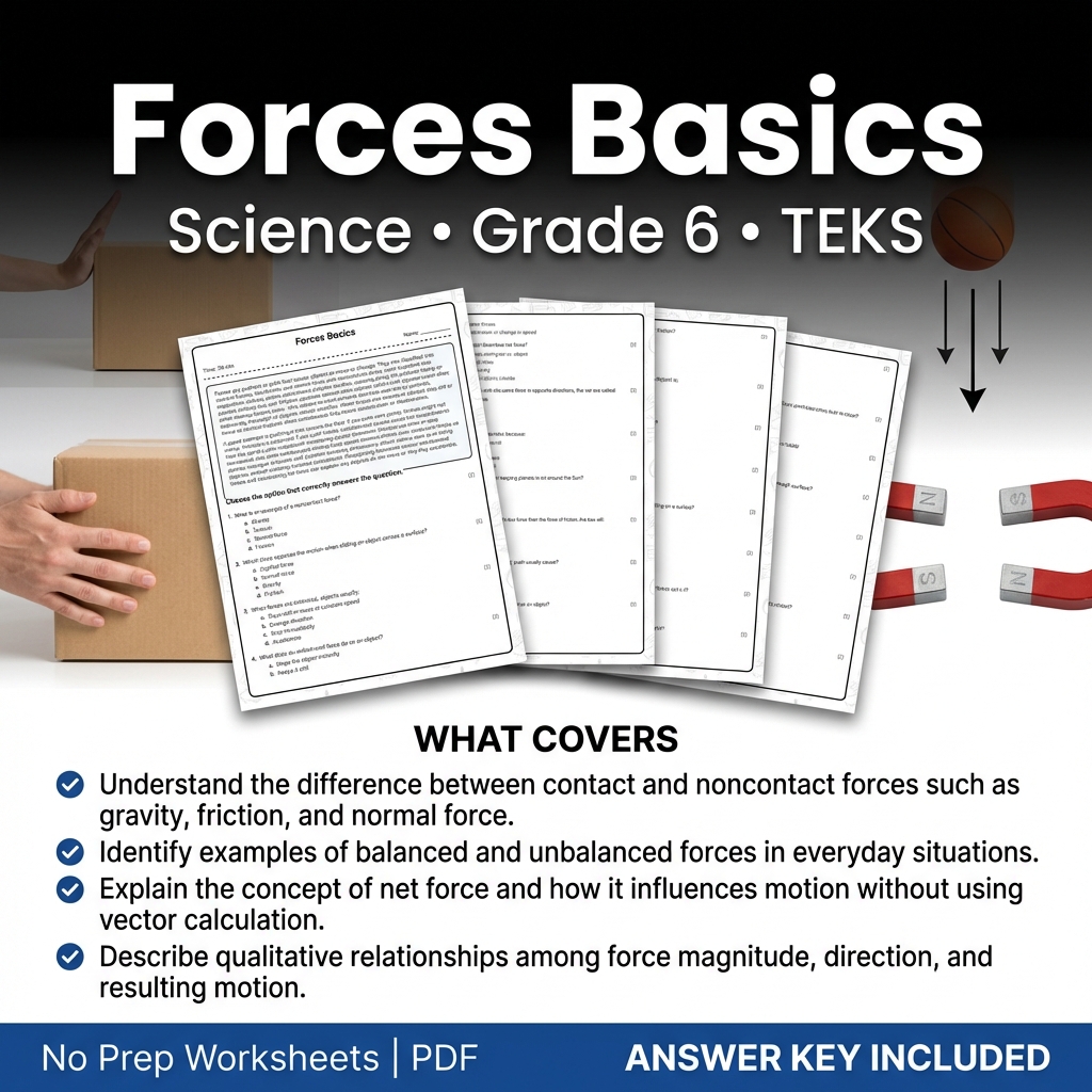 Grade 6 Science Worksheet Forces Basics | TEKS-Aligned Practice PDF