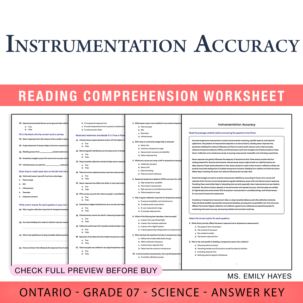 Grade 7 Science worksheet worksheet — Grade 7 Science | Instrumentation Accuracy Worksheet (PDF+ Answer Key) — page 1