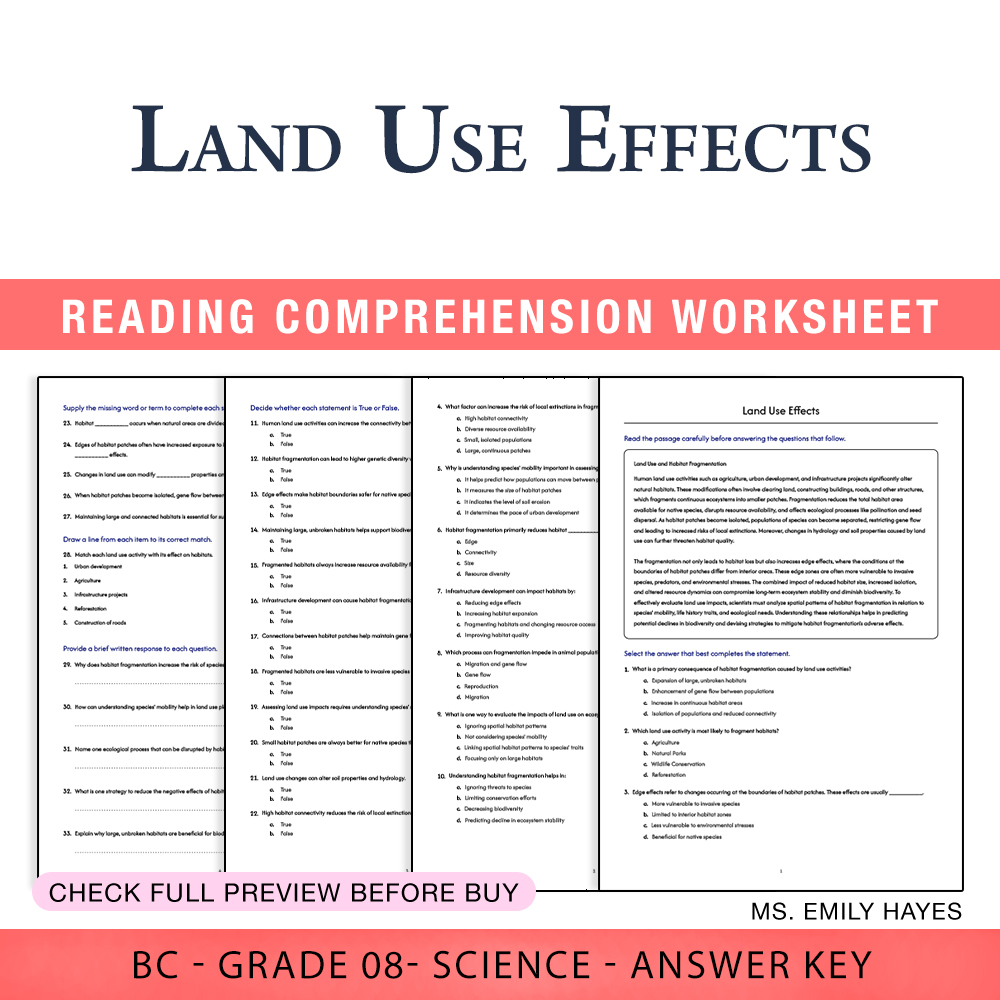 Grade 8 Science worksheet worksheet — Grade 8 Science | Land Use Effects Worksheet (PDF+ Answer Key) — page 1