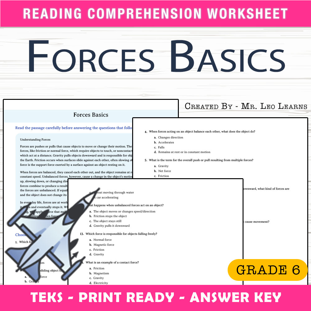 Grade 6 Science worksheet worksheet — Grade 6 Science – Forces Basics Worksheet for Mastering Forces & Motion — page 1