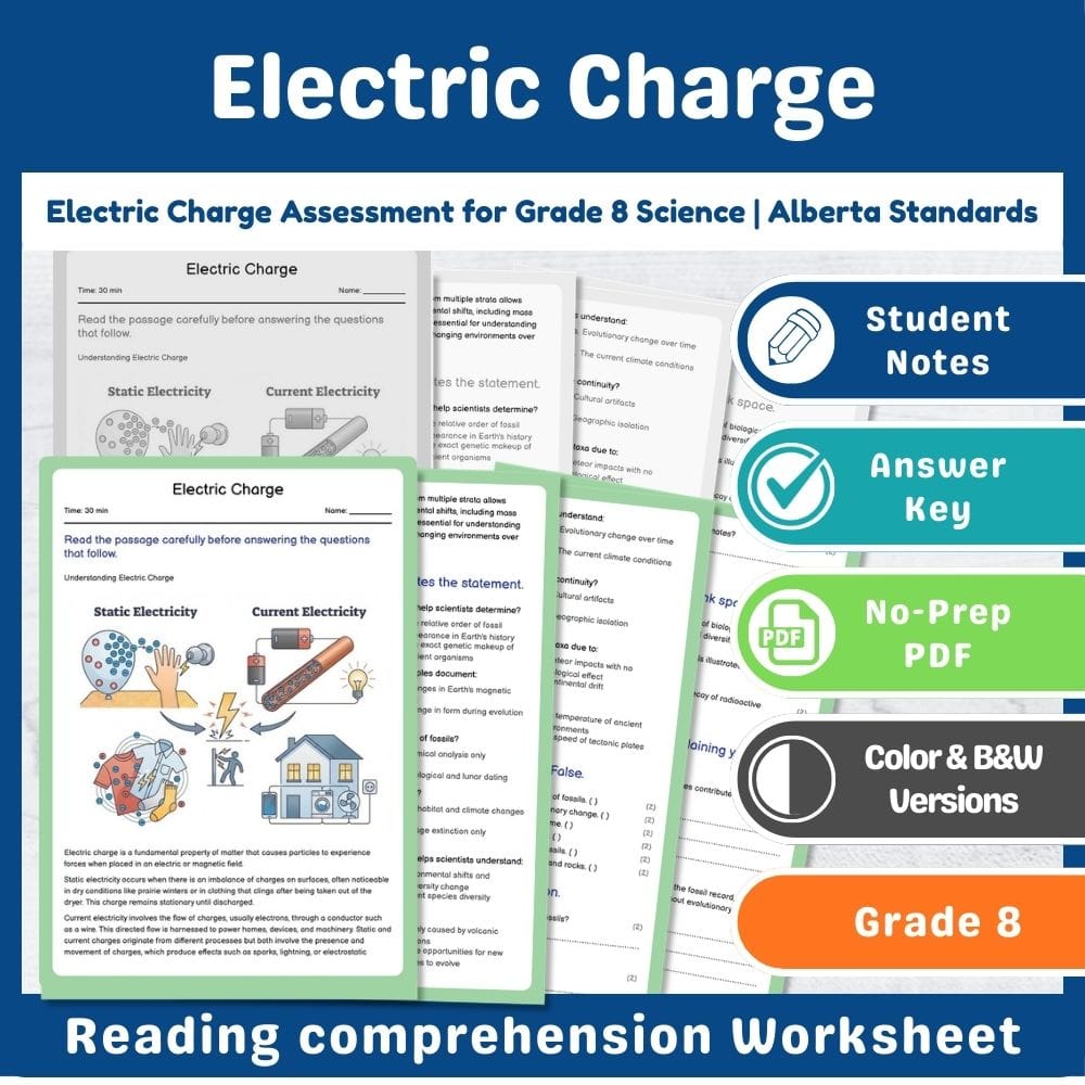 Grade 8 Science assessment worksheet — Electric Charge Assessment for Grade 8 Science | Alberta Standards — page 1