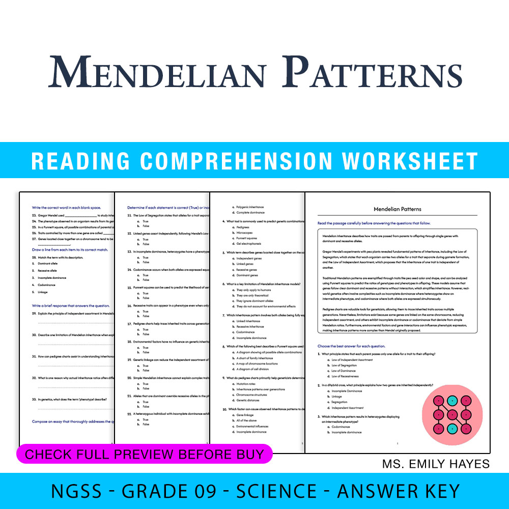 Grade 9 Science worksheet — 9th Grade Science | Mendelian Patterns Worksheet (PDF+ Answer Key) — page 1