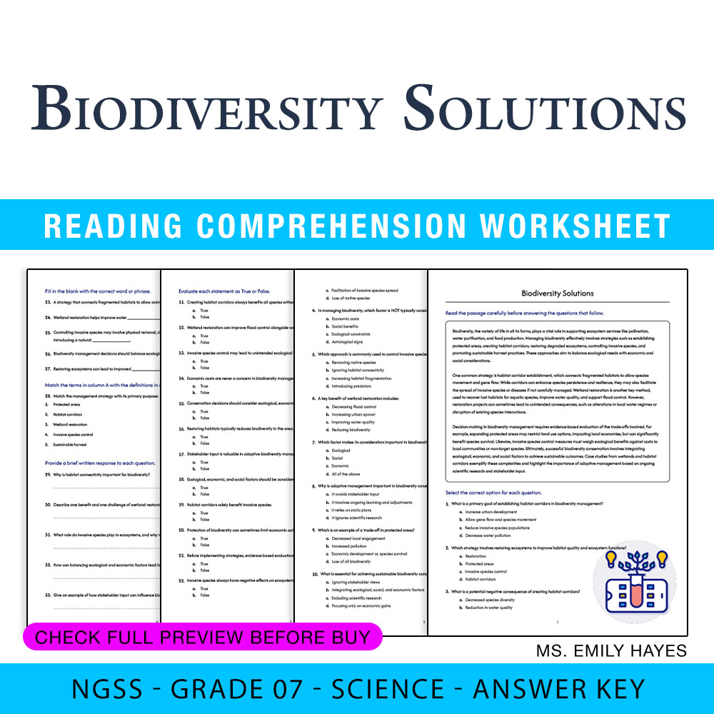 Grade 7 Science worksheet worksheet — 7th Grade Science | Biodiversity Solutions Worksheet (PDF +Answer Key) — page 1
