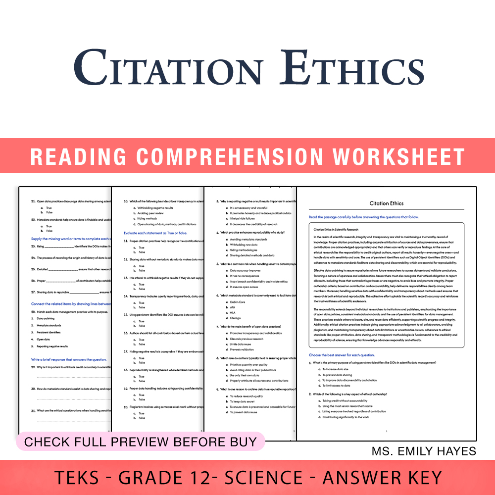 Grade 12 Science worksheet worksheet — Grade 12 Science | Citation Ethics Worksheet (PDF+ Answer Key) — page 1