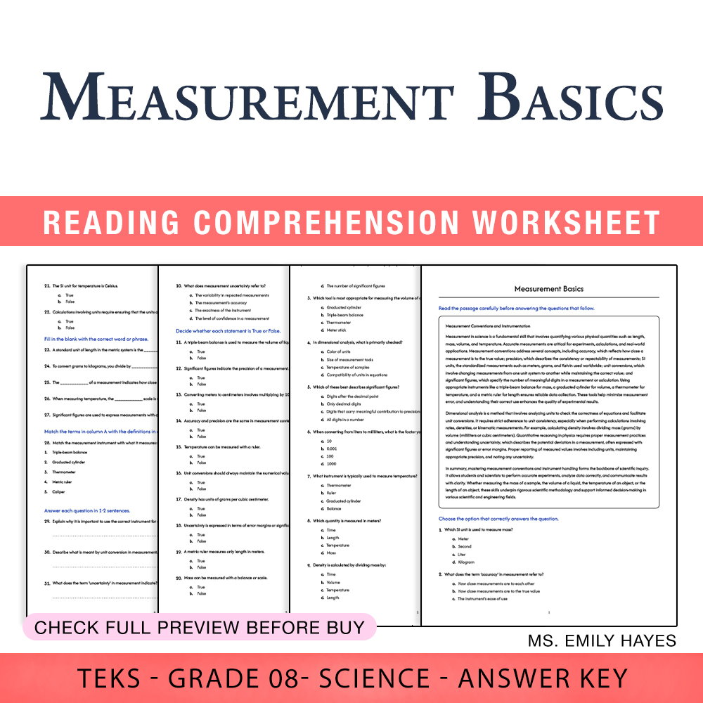 Grade 8 Science worksheet worksheet — 8th Grade Science | Measurement Basics Worksheet (PDF+ Answer Key) — page 1