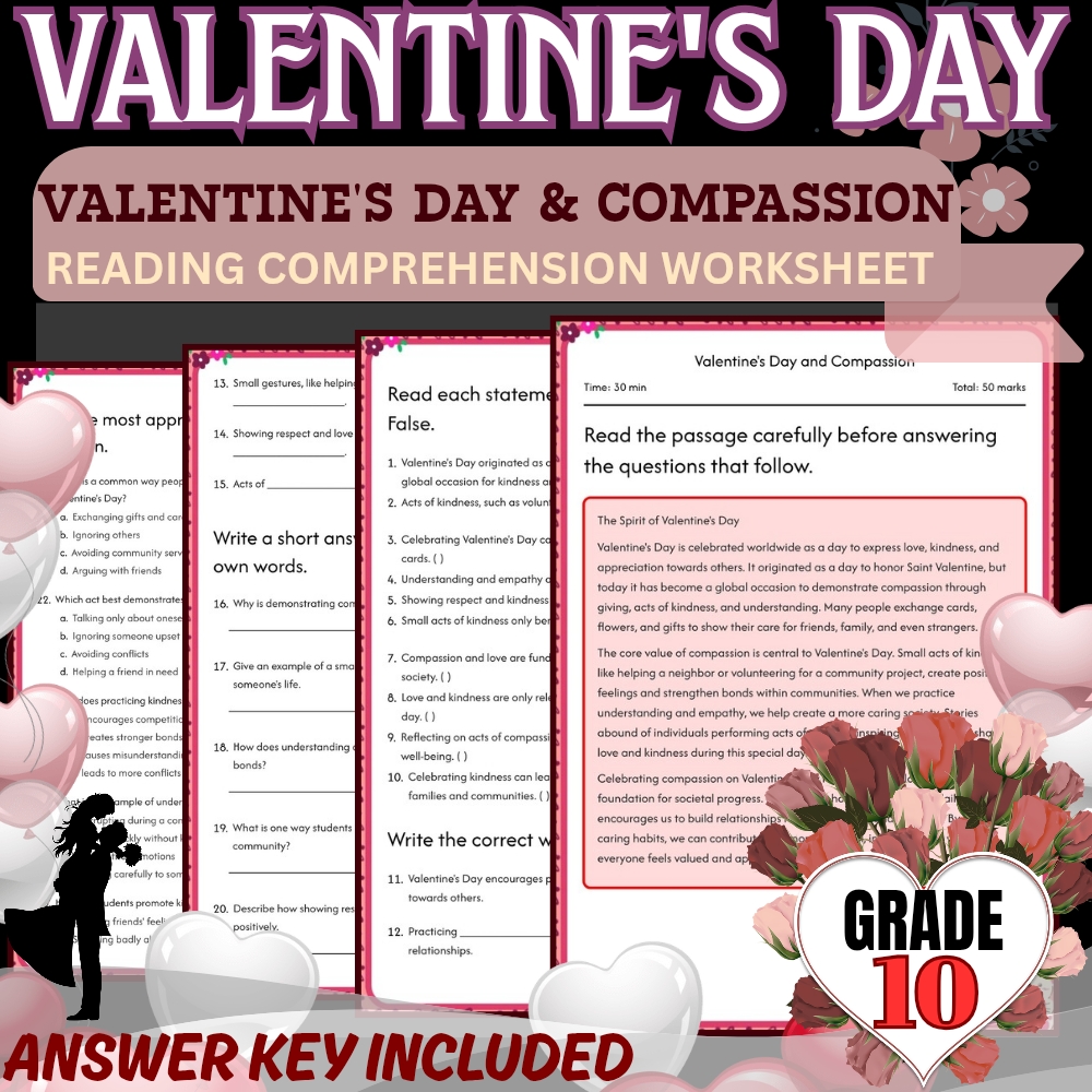 Grade 10 Holiday Unit | Valentine’s Day Worksheets  (Answer Keys Included) — included worksheet 3