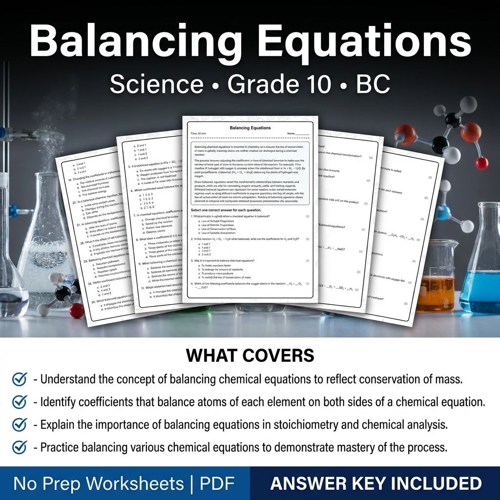 10th Grade Science | Balancing Equations Worksheet & Answer Key (PDF)