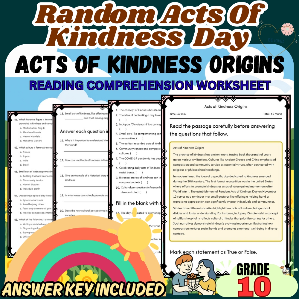 Grade 10 Holiday Random acts of kindness worksheet for mastery| PDF + Answer Key