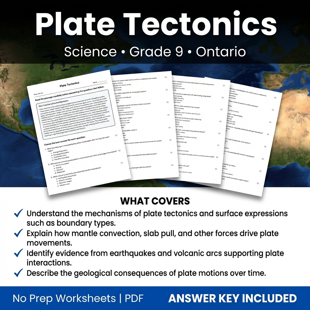 Plate Tectonics Grade 9 Science Worksheet | Ontario Standard Practice