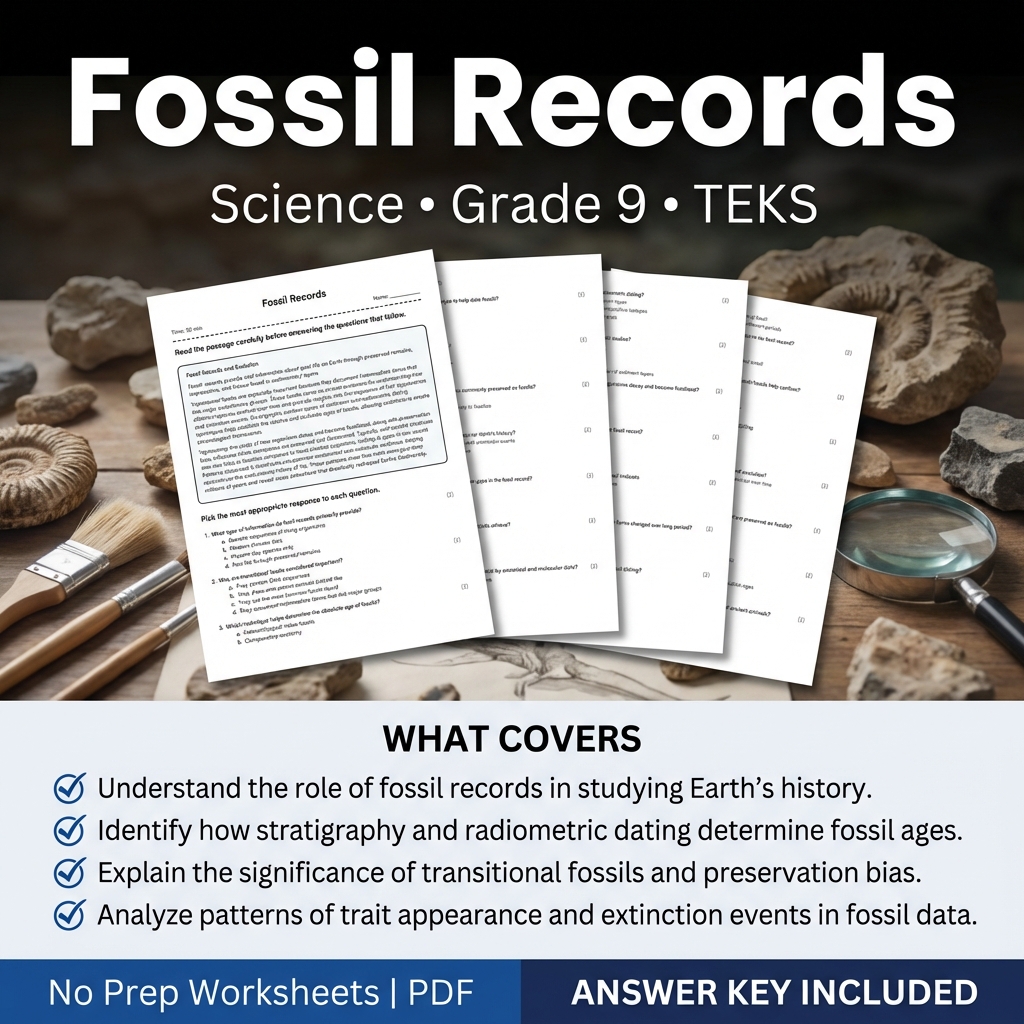 Grade 9 Science Worksheet on Fossil Records TEKS Alignment