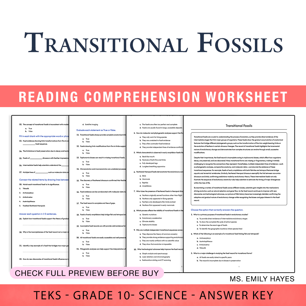 Grade 10 Science worksheet worksheet — Grade 10 Science | Transitional Fossils Worksheet (PDF+ Answer Key) — page 1