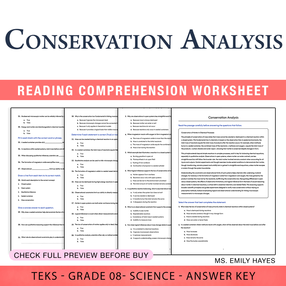 Grade 8 Science worksheet worksheet — Grade 8 Science | Conservation Analysis Worksheet (PDF+ Answer Key) — page 1