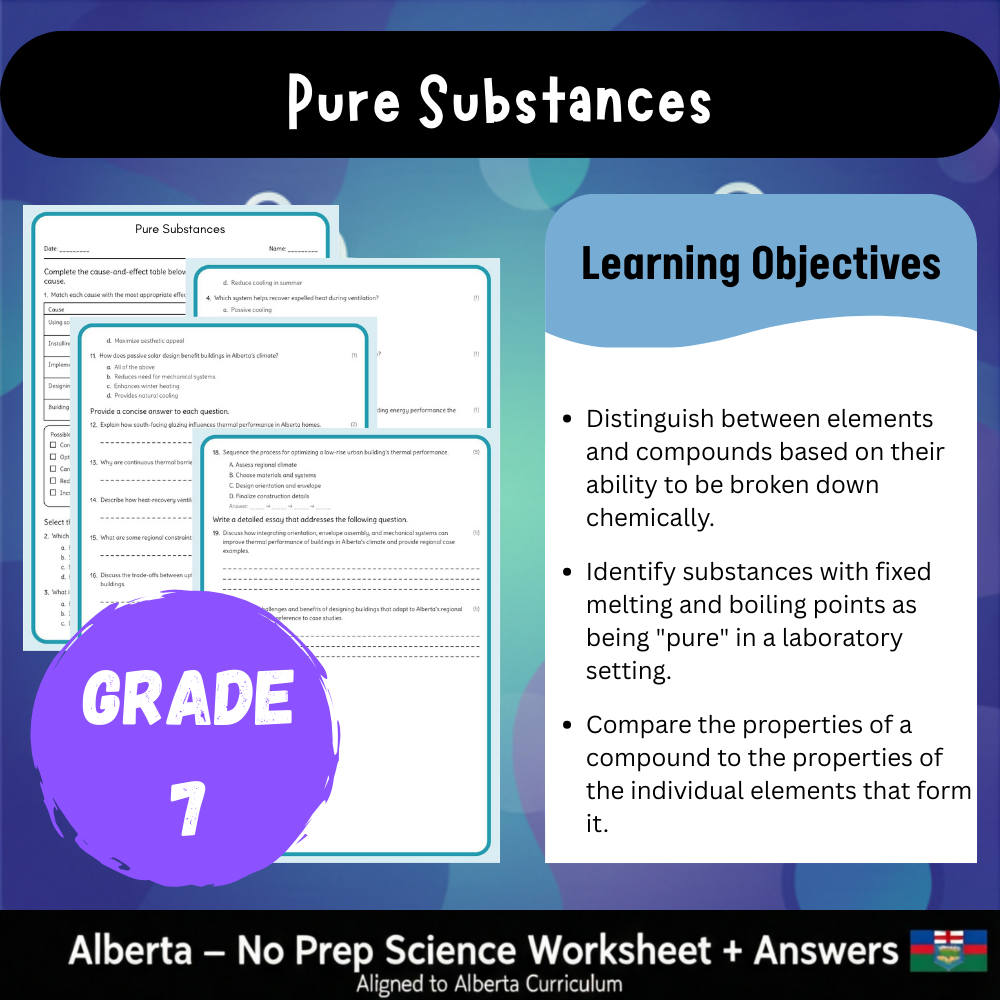 Grade 7 Science | Pure Substances Worksheet (PDF) – Alberta Standards