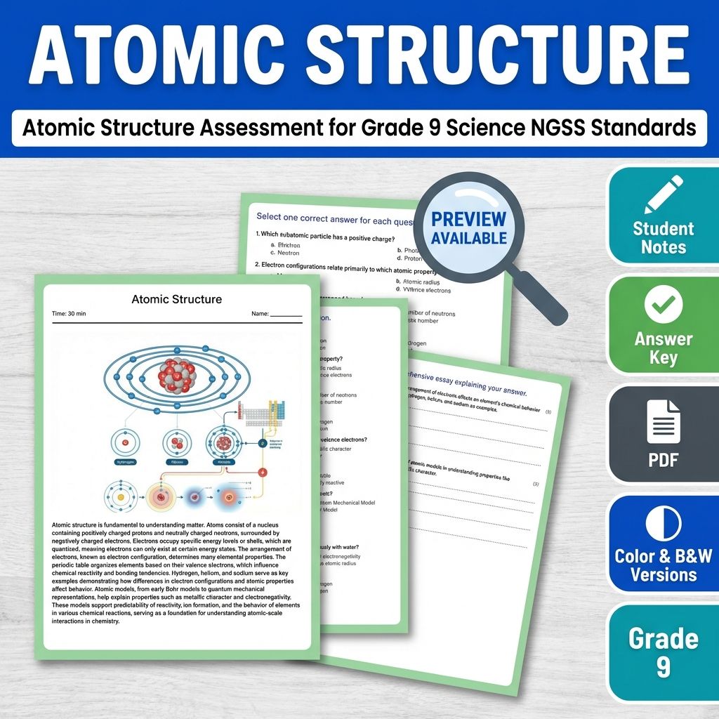 Atomic Structure Assessment for Grade 9 Science NGSS Standards