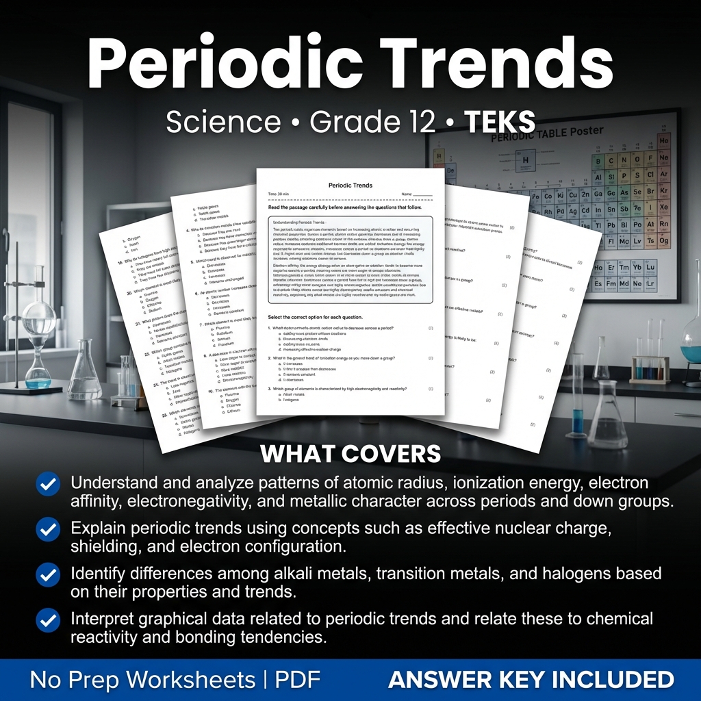 Periodic Trends Worksheet for Grade 12 Science | Printable PDF & Answer Key