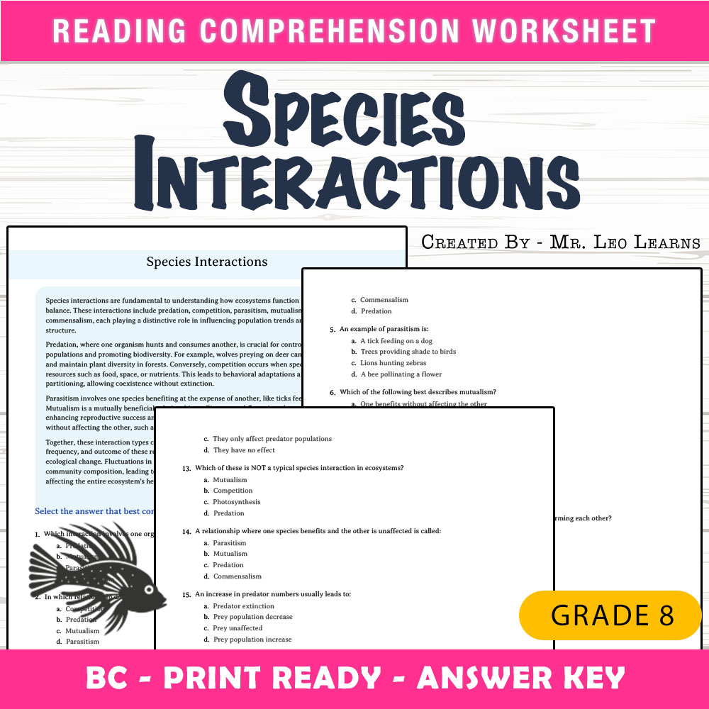 Grade 8 Science worksheet mcq paper worksheet — Grade 8 Science — Species Interactions Worksheet for Mastery — page 1
