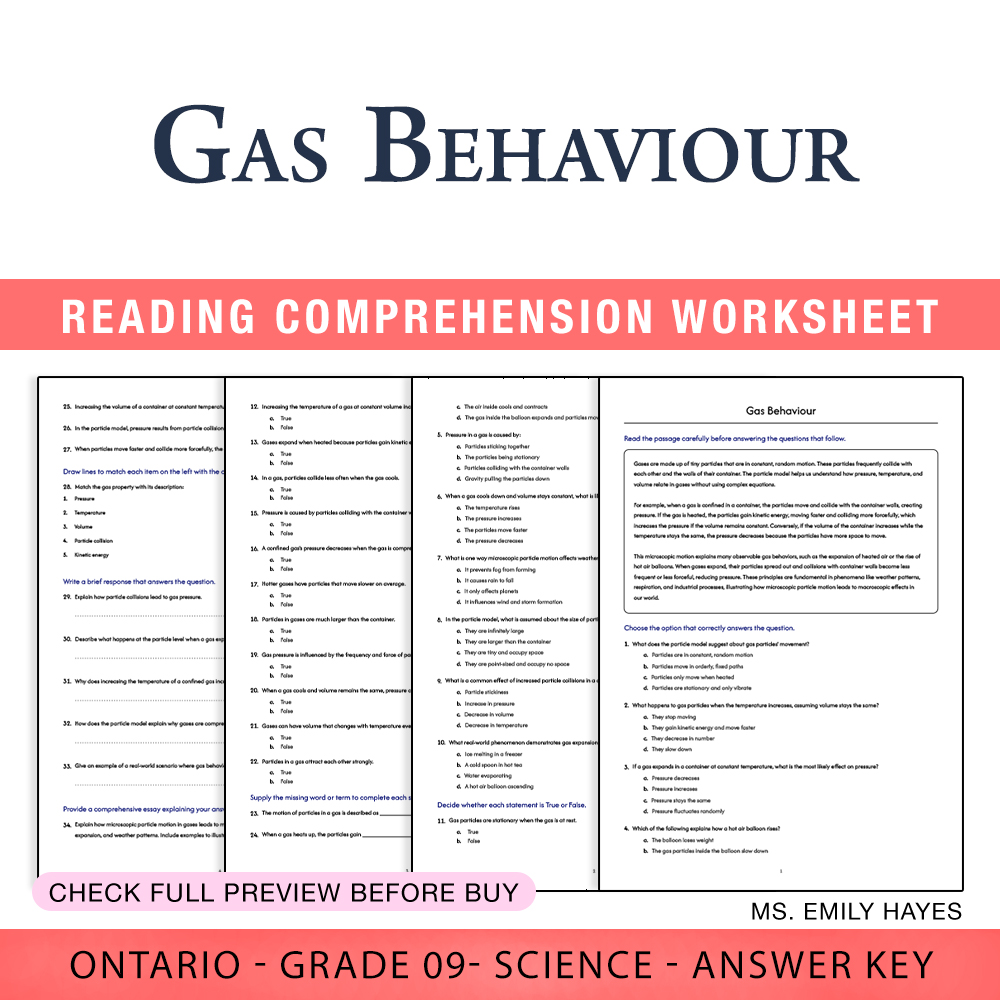 Grade 9 Science worksheet worksheet — Grade 9 Science | Gas Behaviour Worksheet (PDF + Answer Key) — page 1