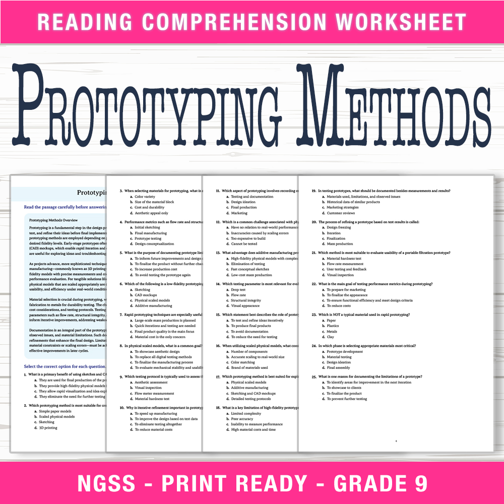 Grade 9 Science worksheet worksheet — Grade 9 Science | Prototyping Methods Worksheet (PDF + Answer Key) — page 1