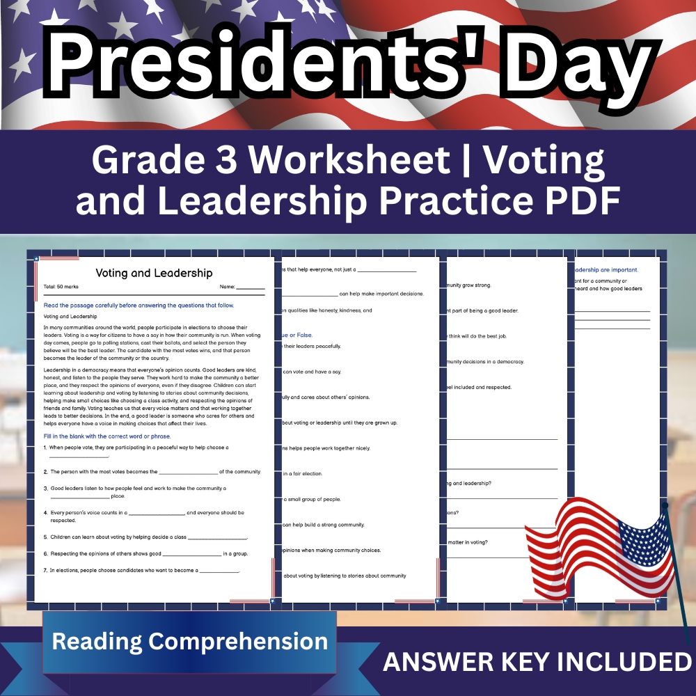 Grade 3 Seasonal worksheet — Grade 3 Seasonal Voting and Leadership Worksheet | (Printable PDF)