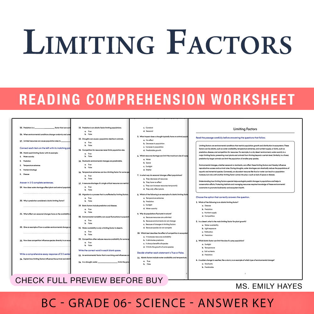 Grade 6 Science worksheet worksheet — 6th Grade Science | Limiting Factors Worksheet (PDF+ Answer Key) — page 1