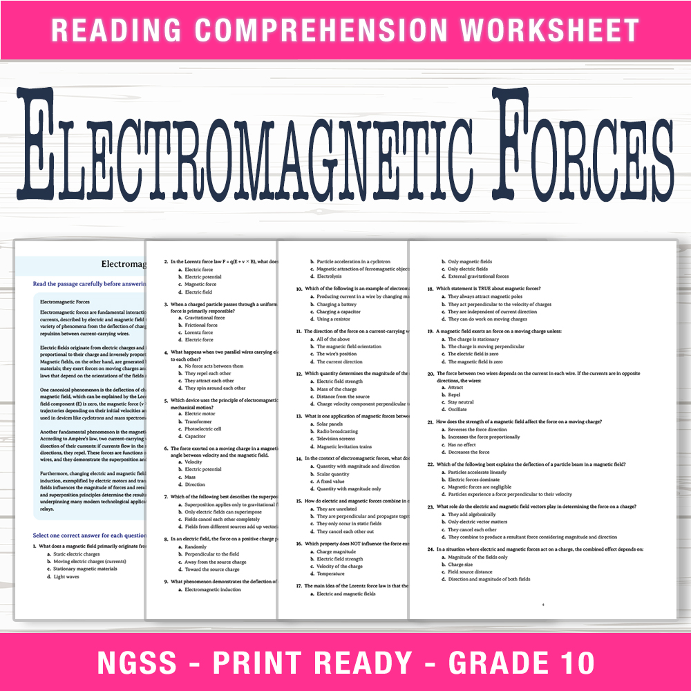 Grade 10 Science worksheet worksheet — Grade 10 Science – Electromagnetic Forces Worksheet (PDF + Answer Key) — page 1