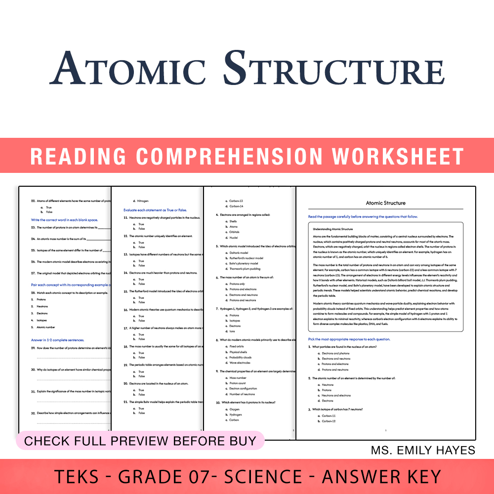 Grade 7 Science worksheet worksheet — 7th Grade Science | Atomic Structure Worksheet (PDF+ Answer Key) — page 1