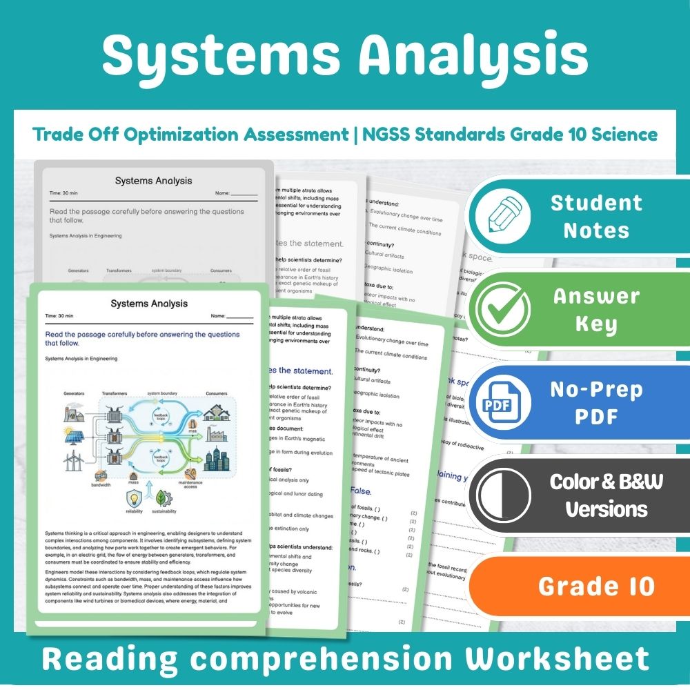Grade 10 Science assessment worksheet — Systems Analysis Assessment | NGSS Standards | Grade 10 Science