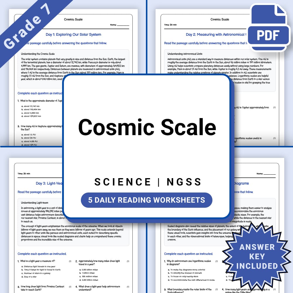 Grade 7 Science daily reading worksheet worksheet — Grade 7 Science – Cosmic Scale Daily Reading Worksheet(PDF + Answer Ke…