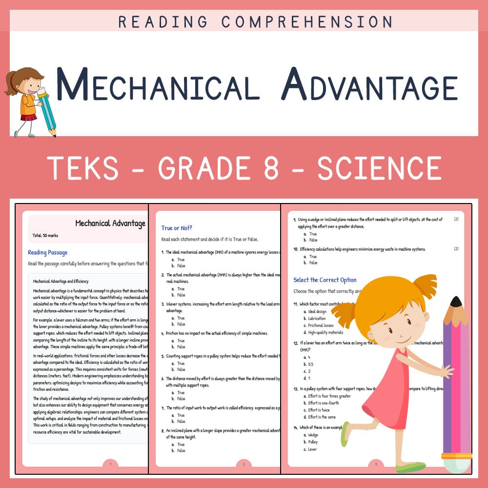 Grade 8 Science worksheet elena worksheet — Grade 8 Science | Mechanical Advantage Worksheet | TEKS-Aligned — page 1
