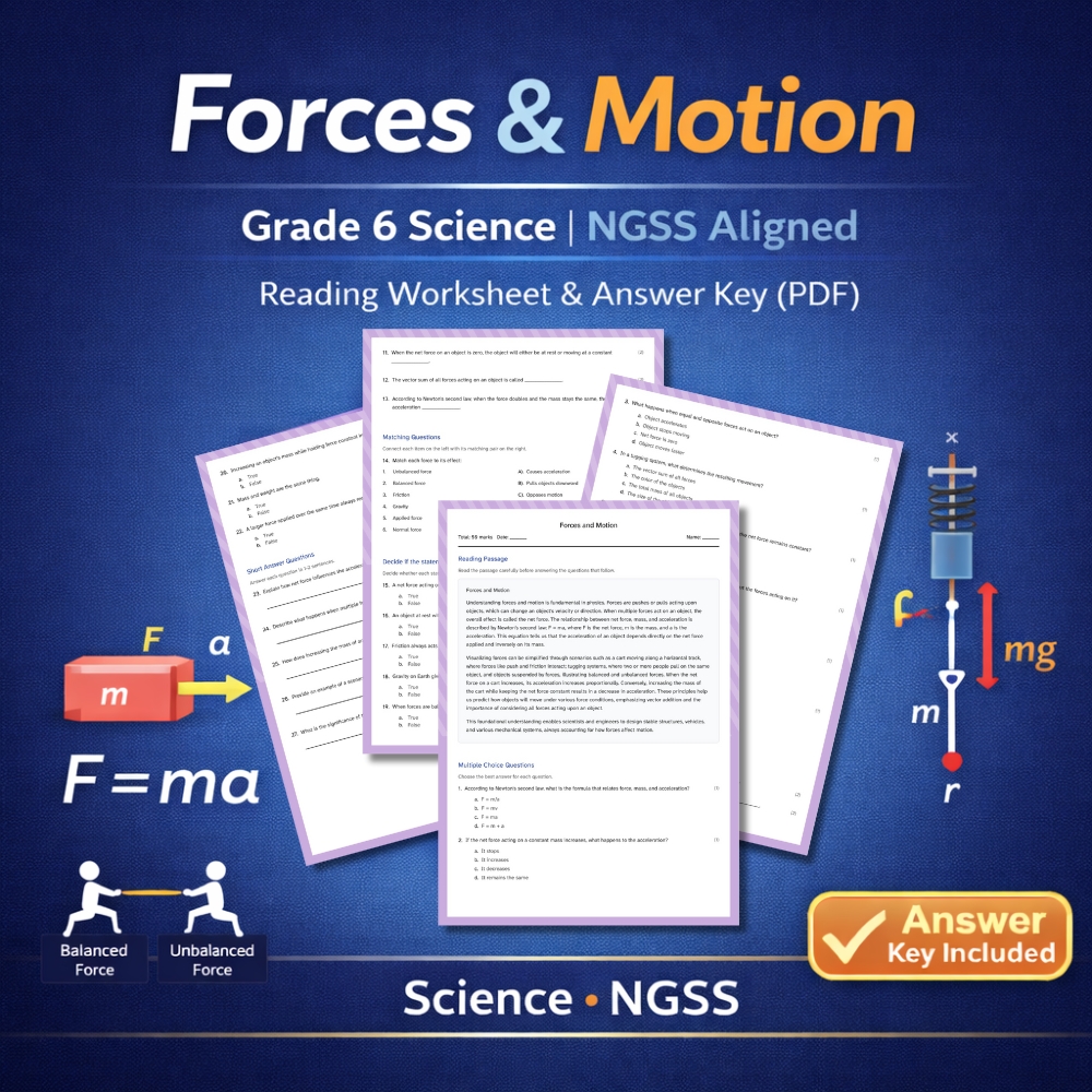 Grade 6 Science Unit Bundle | Forces, Motion & Interactions Worksheets (NGSS) — included worksheet 1