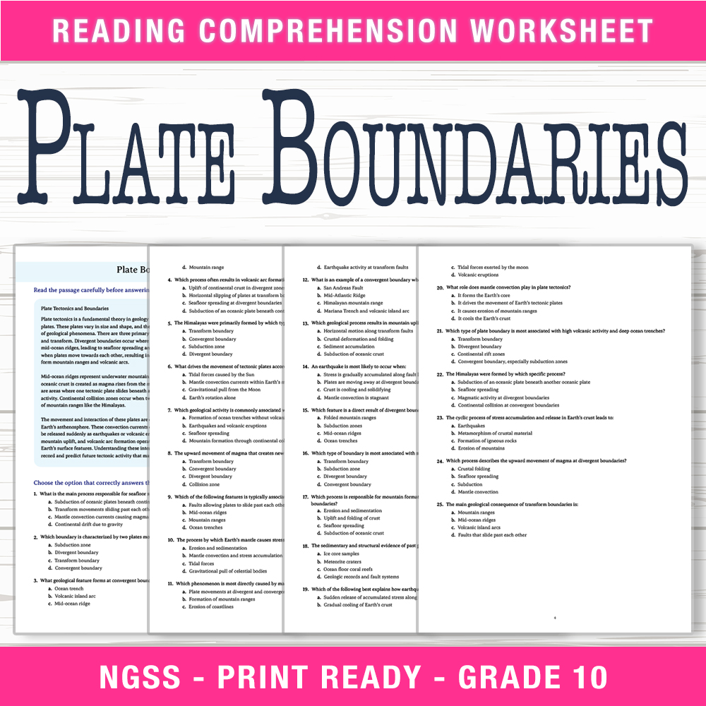Grade 10 Science worksheet worksheet — Grade 10 Science – Plate Boundaries Worksheet (PDF + Answer Key) — page 1