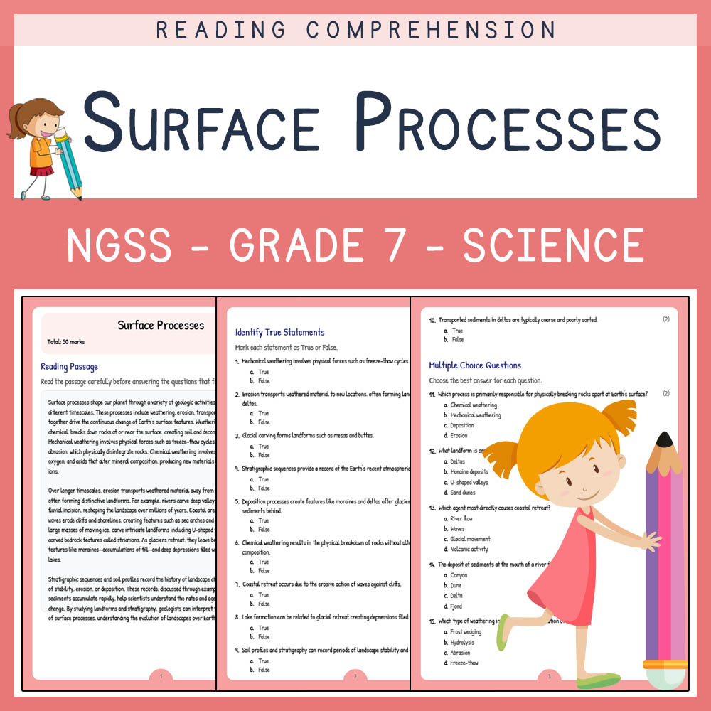 Grade 7 Science worksheet worksheet — Grade 7 Science | Surface Processes Worksheet & Answer Key | NGSS Aligned — page 1